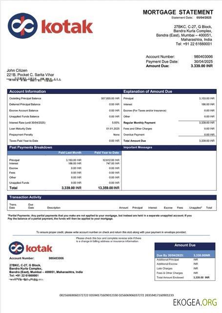 Modèle Word et PDF de relevé hypothécaire de la Kotak Mahindra Bank en Inde